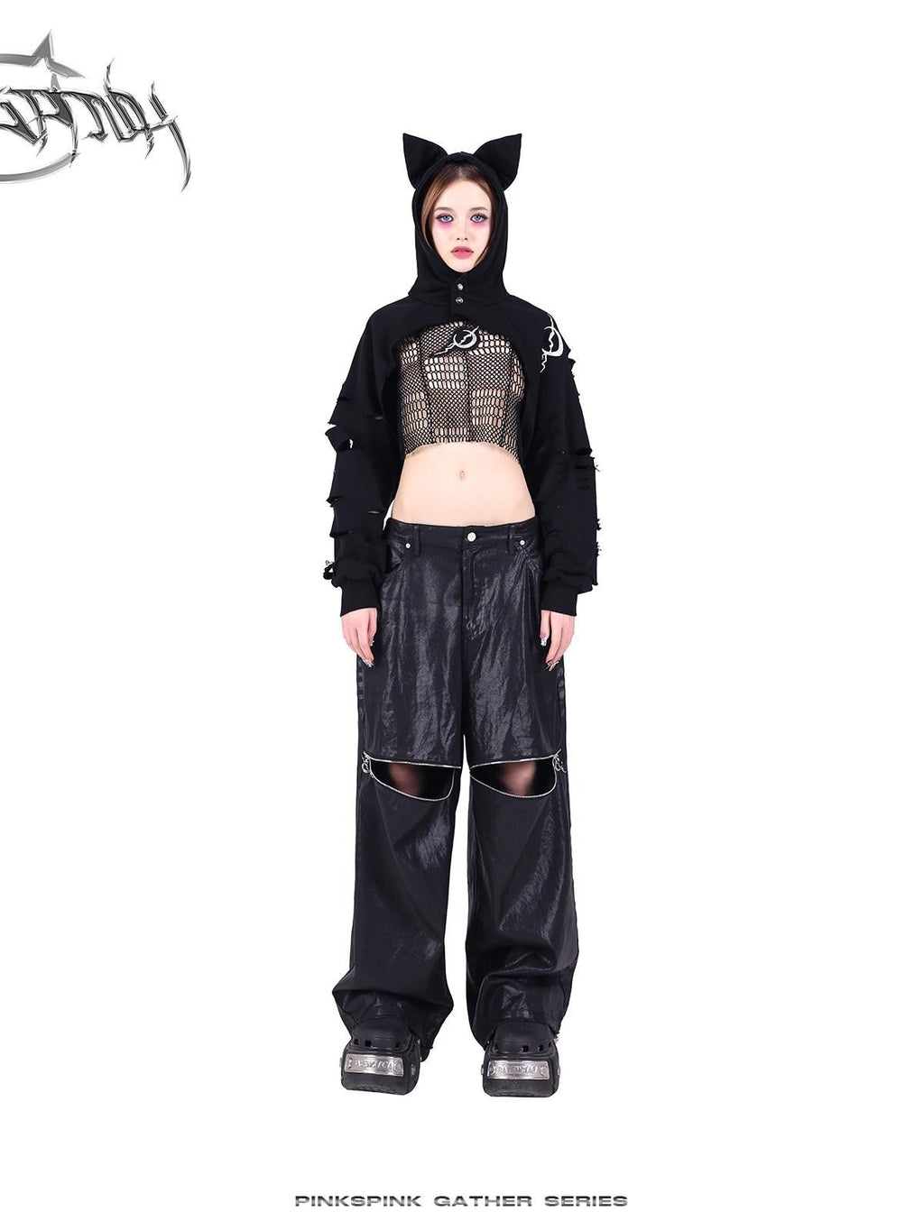 PINKSPINK Black 3d Geometric Distressed Asymmetric Graphic Women's Mesh Crop Tops