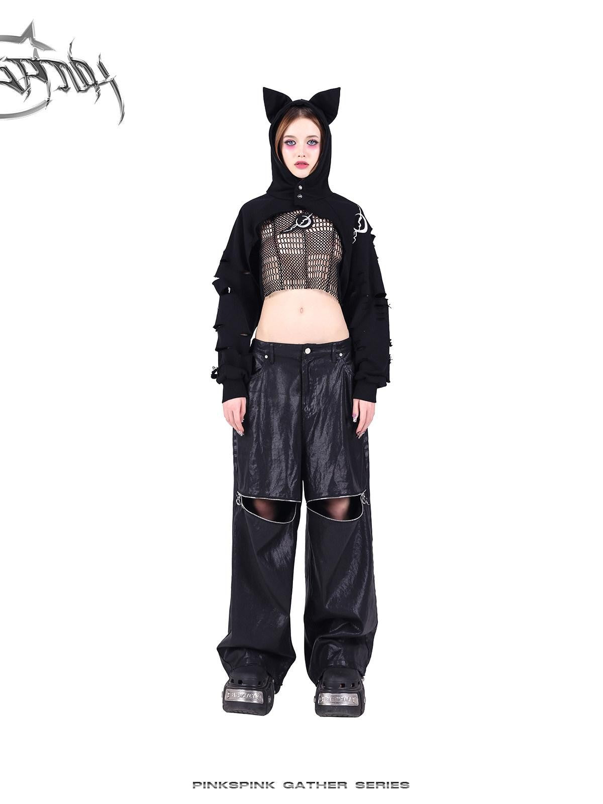 PINKSPINK Black 3d Geometric Distressed Asymmetric Graphic Women's Mesh Crop Tops