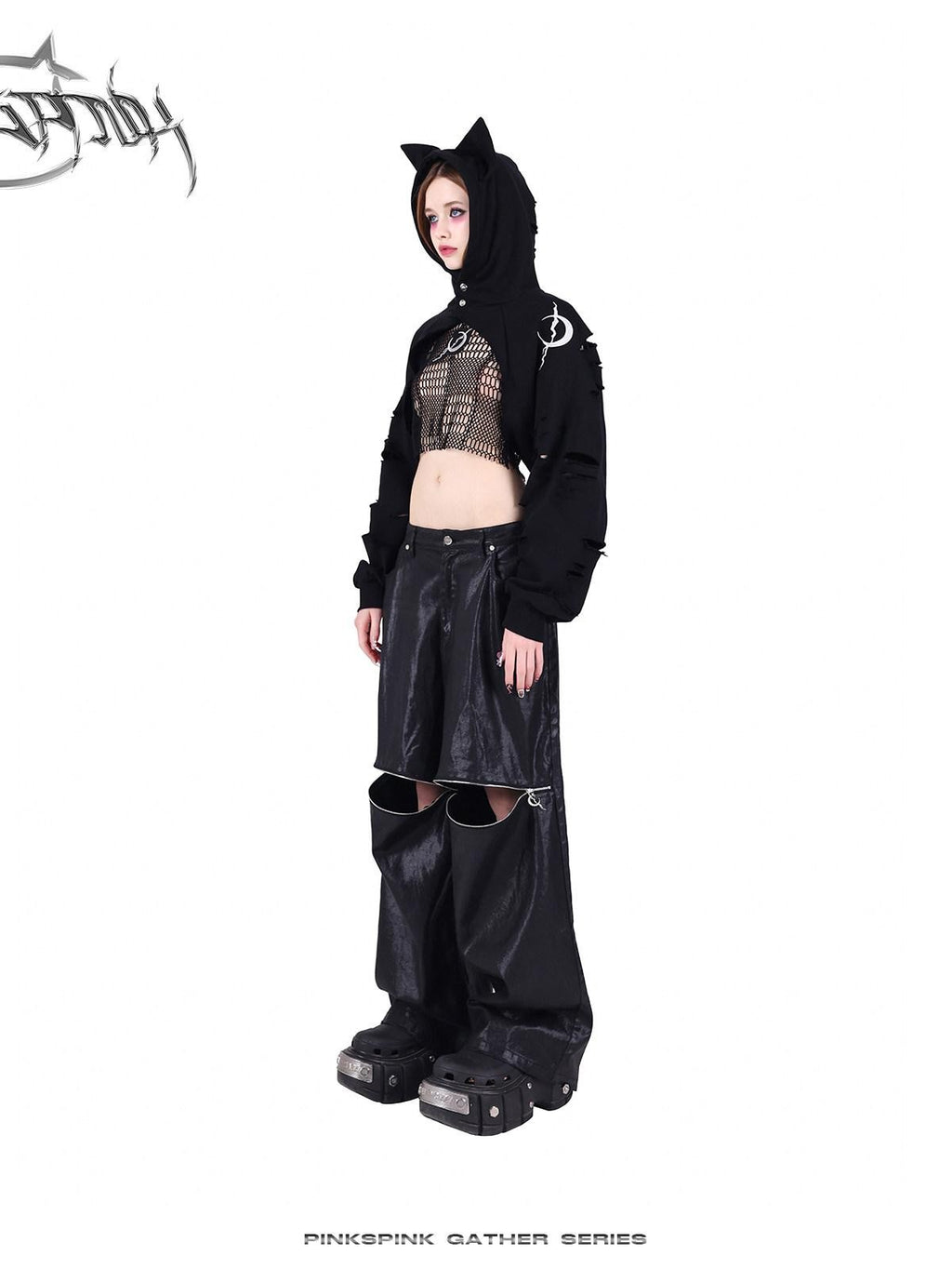 PINKSPINK Black 3d Geometric Distressed Asymmetric Graphic Women's Mesh Crop Tops