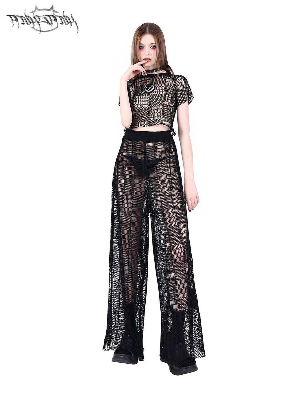 PINKSPINK Black 3d Geometric Distressed Asymmetric Graphic Women's Mesh Crop Tops