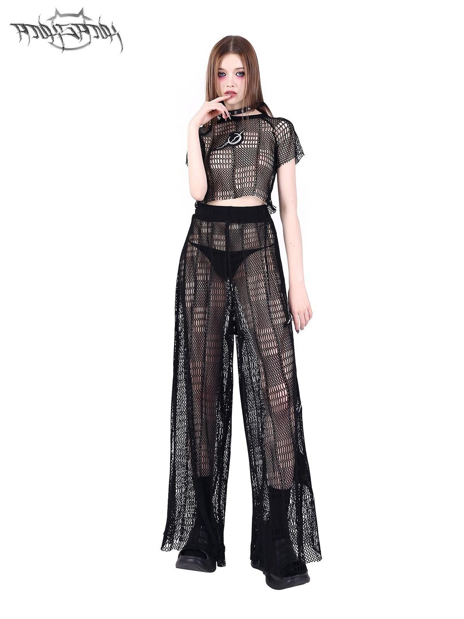 PINKSPINK Black 3d Geometric Distressed Asymmetric Graphic Women's Mesh Crop Tops