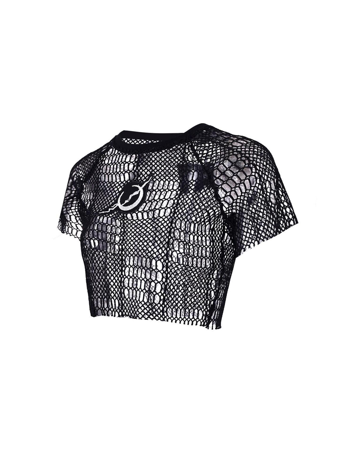 PINKSPINK Black 3d Geometric Distressed Asymmetric Graphic Women's Mesh Crop Tops