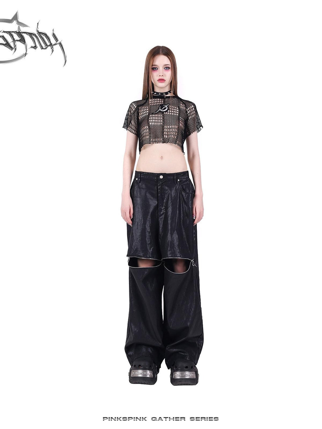 PINKSPINK Black 3d Geometric Distressed Asymmetric Graphic Women's Mesh Crop Tops