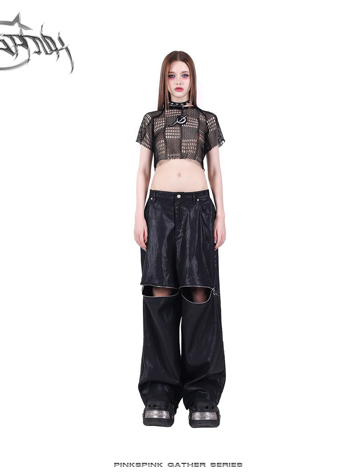 PINKSPINK Black 3d Geometric Distressed Asymmetric Graphic Women's Mesh Crop Tops