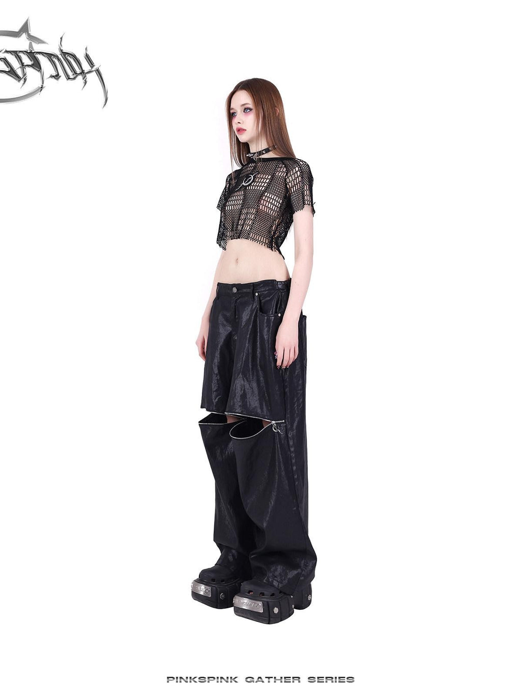 PINKSPINK Black 3d Geometric Distressed Asymmetric Graphic Women's Mesh Crop Tops
