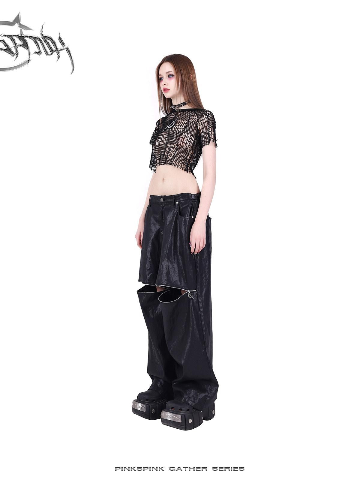 PINKSPINK Black 3d Geometric Distressed Asymmetric Graphic Women's Mesh Crop Tops