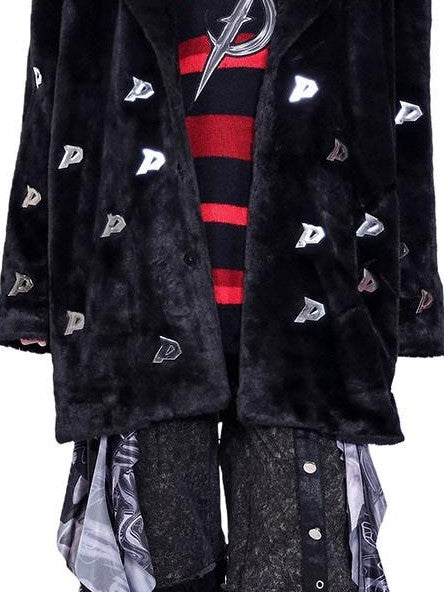 PINKSPINK Black 3d Studded Metal P Padded Shoulder Women's Faux Fur Coats