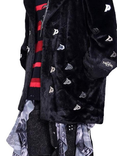 PINKSPINK Black 3d Studded Metal P Padded Shoulder Women's Faux Fur Coats