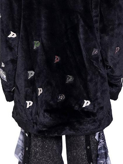 PINKSPINK Black 3d Studded Metal P Padded Shoulder Women's Faux Fur Coats