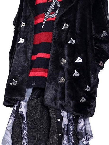 PINKSPINK Black 3d Studded Metal P Padded Shoulder Women's Faux Fur Coats
