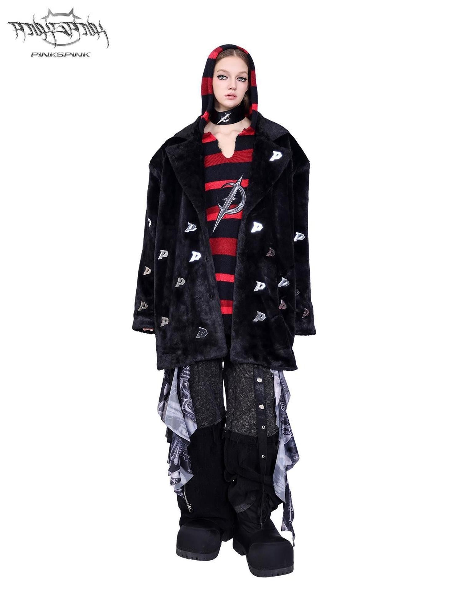 PINKSPINK Black 3d Studded Metal P Padded Shoulder Women's Faux Fur Coats