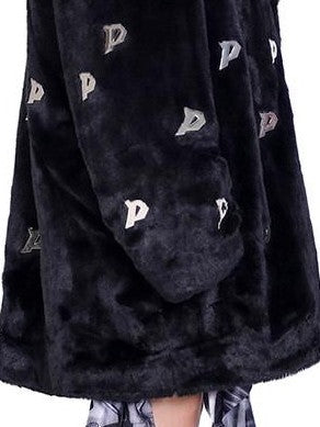PINKSPINK Black 3d Studded Metal P Padded Shoulder Women's Faux Fur Coats