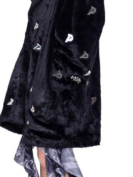 PINKSPINK Black 3d Studded Metal P Padded Shoulder Women's Faux Fur Coats