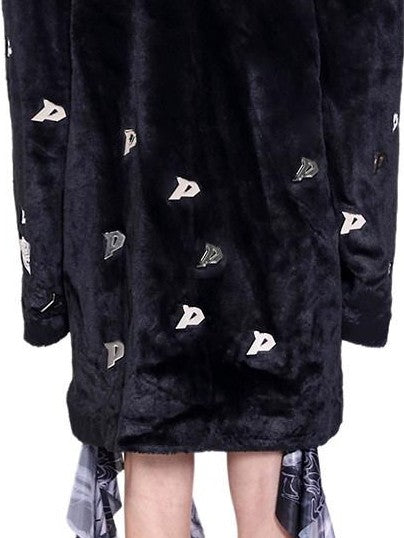 PINKSPINK Black 3d Studded Metal P Padded Shoulder Women's Faux Fur Coats