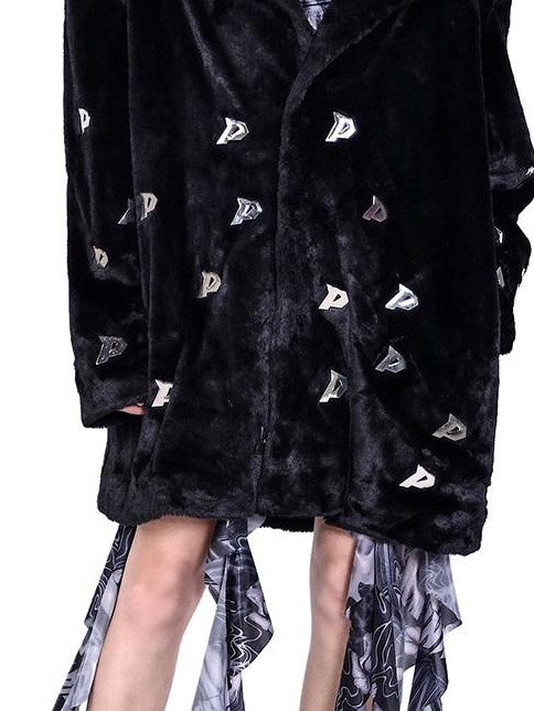 PINKSPINK Black 3d Studded Metal P Padded Shoulder Women's Faux Fur Coats