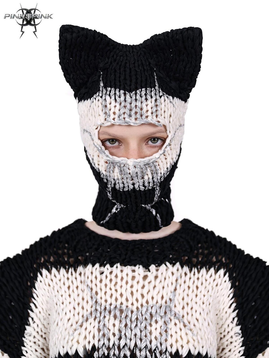 PINKSPINK Black And White Striped Cat Ear Handwoven Women's Cotton Beanies