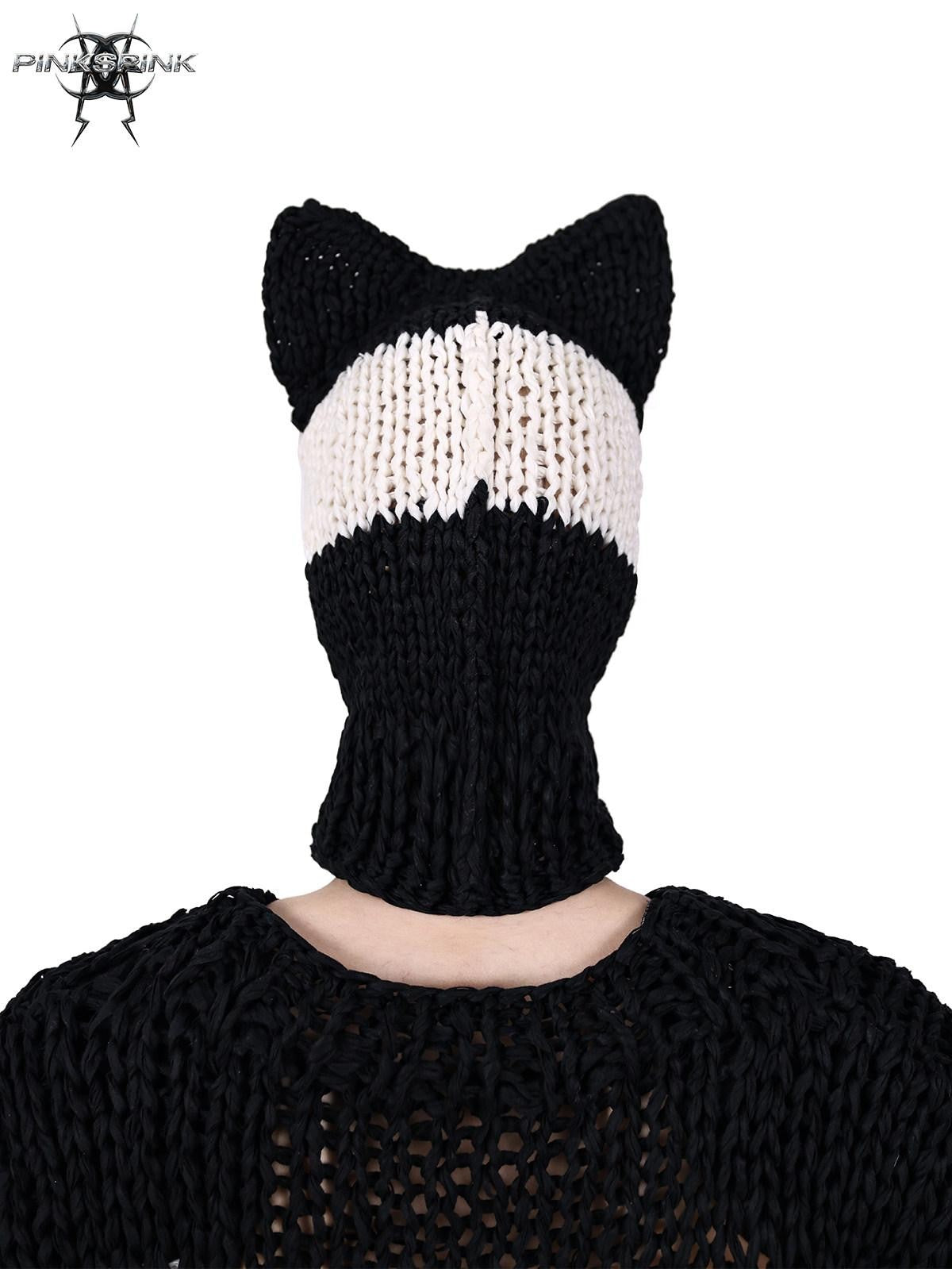 PINKSPINK Black And White Striped Cat Ear Handwoven Women's Cotton Beanies