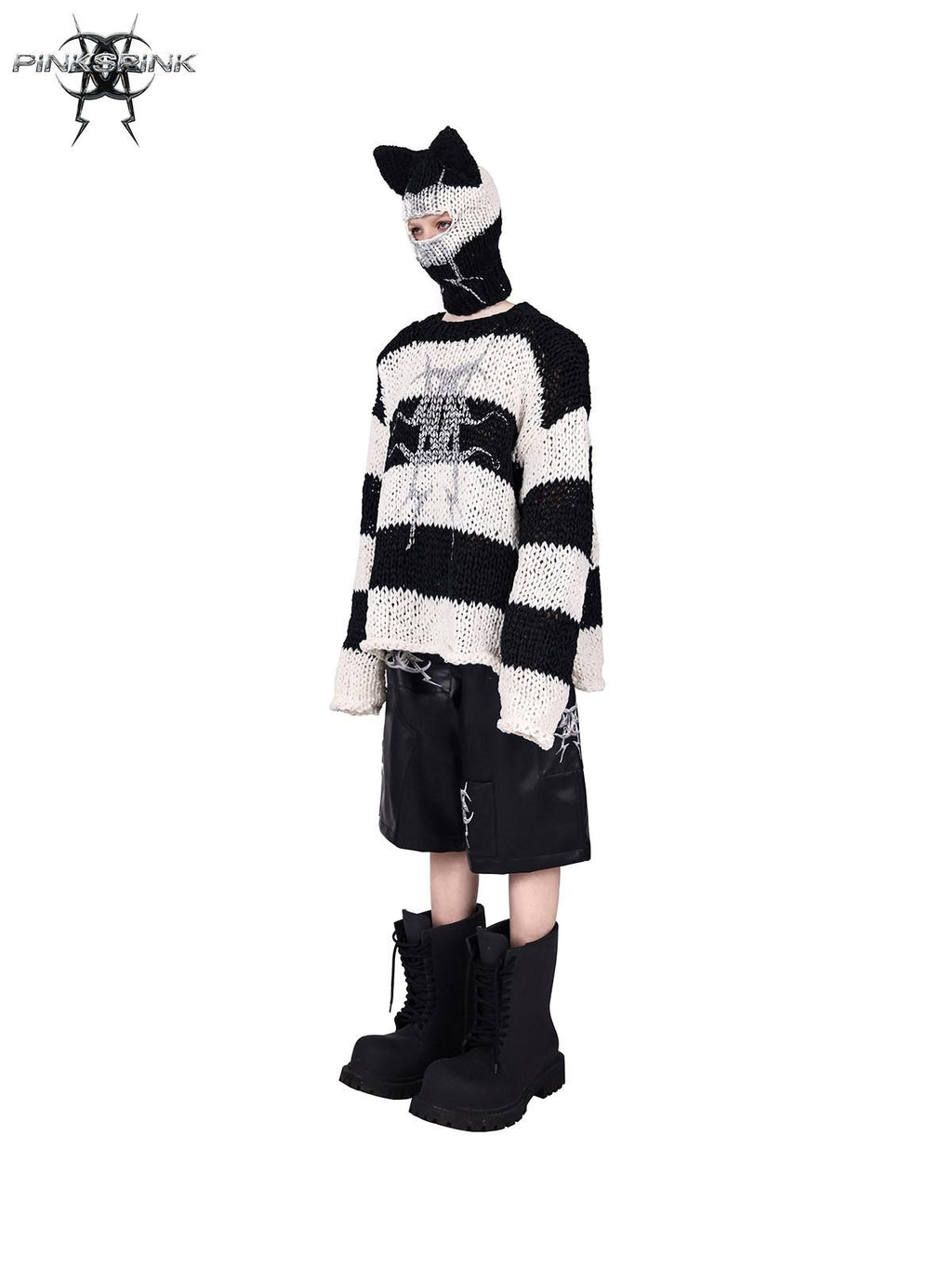 PINKSPINK Black And White Striped Cat Ear Handwoven Women's Cotton Beanies