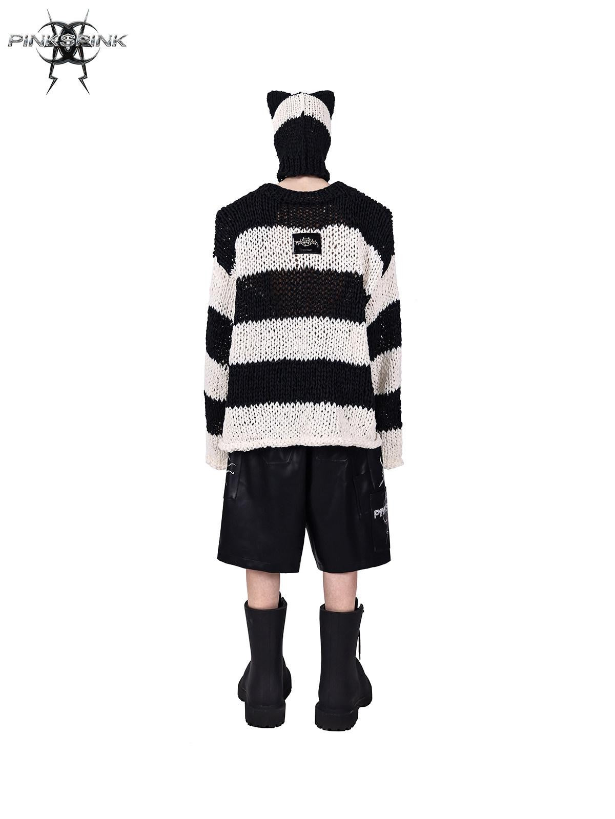 PINKSPINK Black And White Striped Cat Ear Handwoven Women's Cotton Beanies