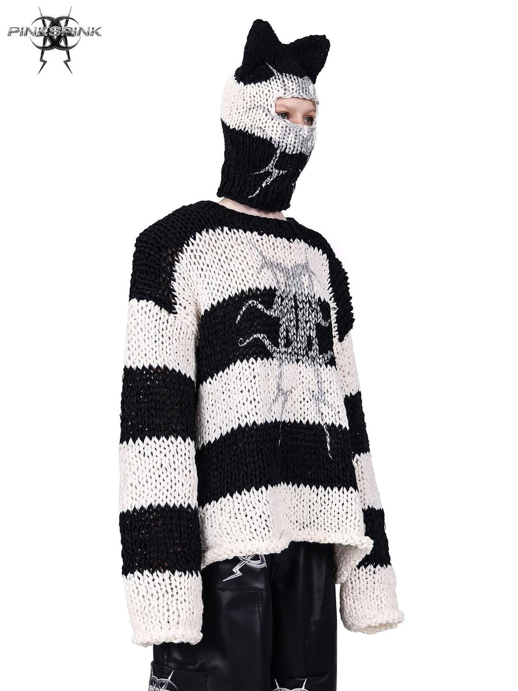 PINKSPINK Black And White Striped Cat Ear Handwoven Women's Cotton Beanies
