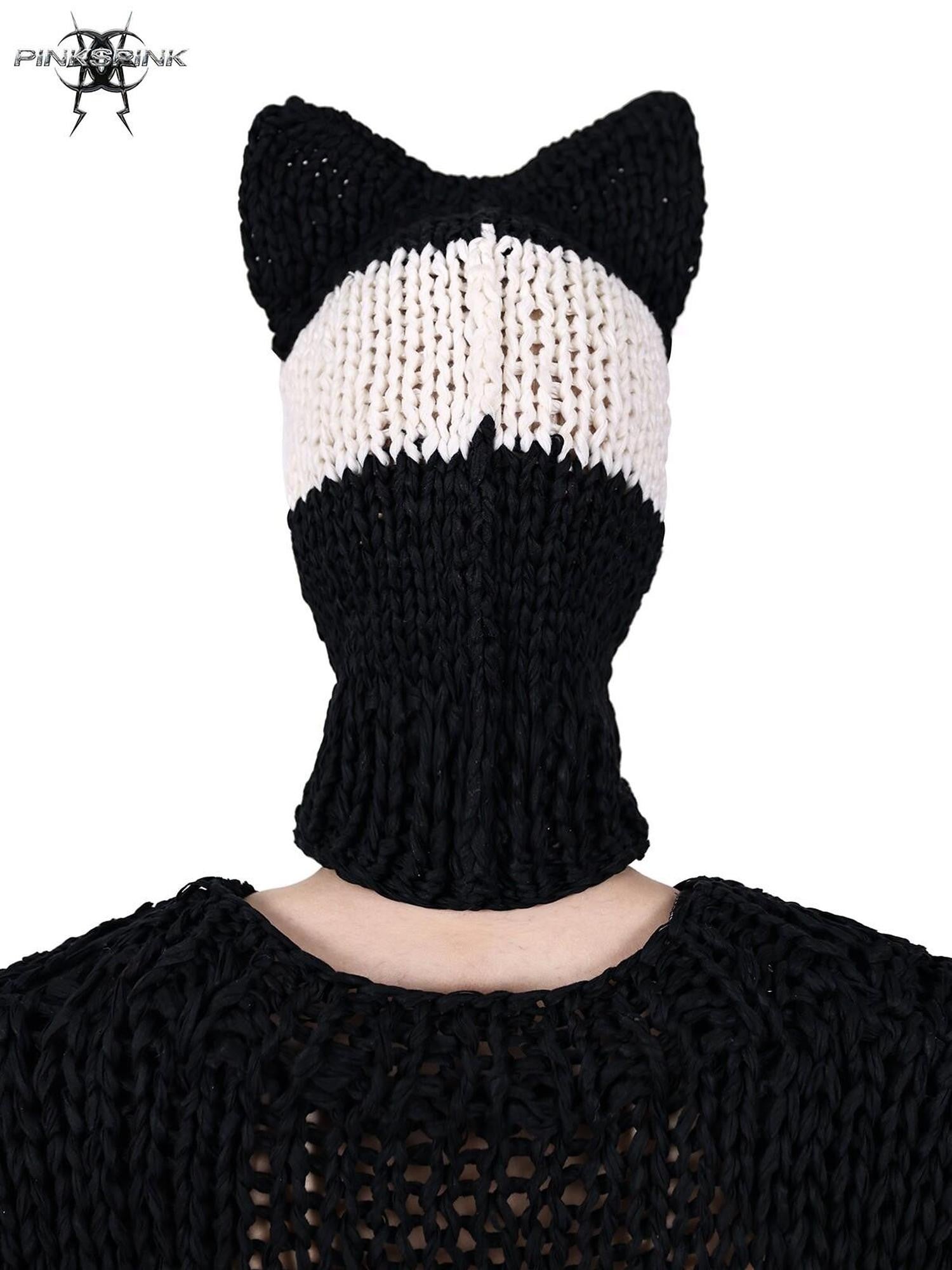 PINKSPINK Black And White Striped Cat Ear Handwoven Women's Cotton Beanies