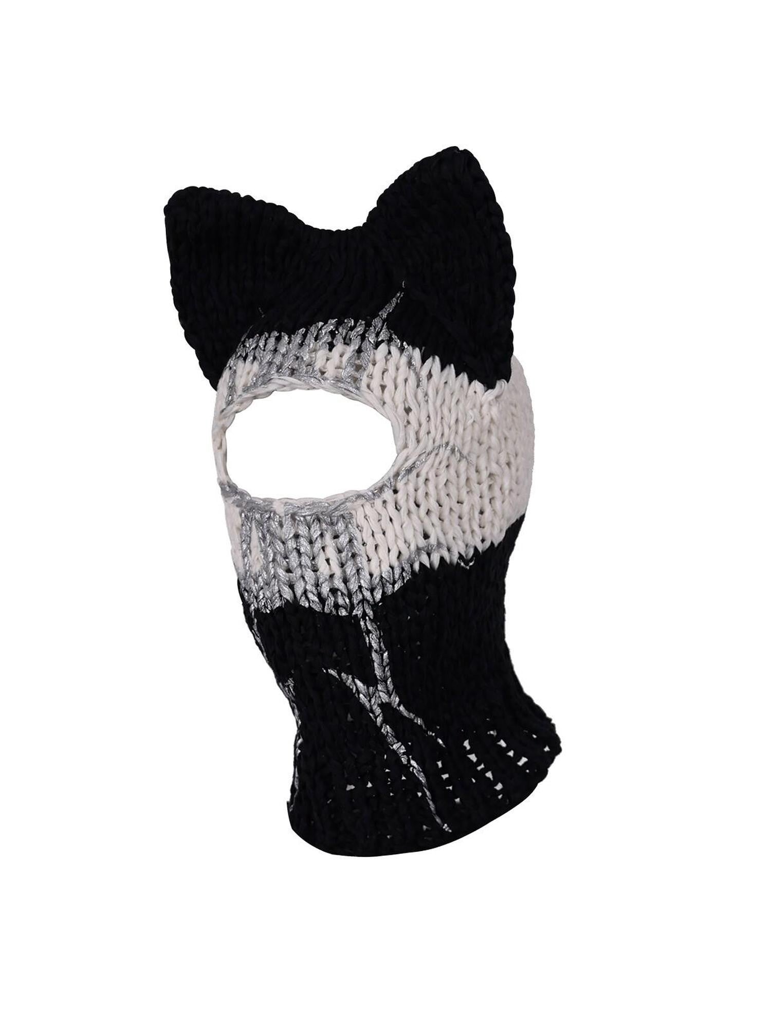PINKSPINK Black And White Striped Cat Ear Handwoven Women's Cotton Beanies