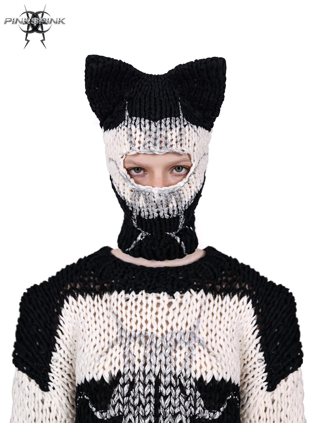 PINKSPINK Black And White Striped Cat Ear Handwoven Women's Cotton Beanies