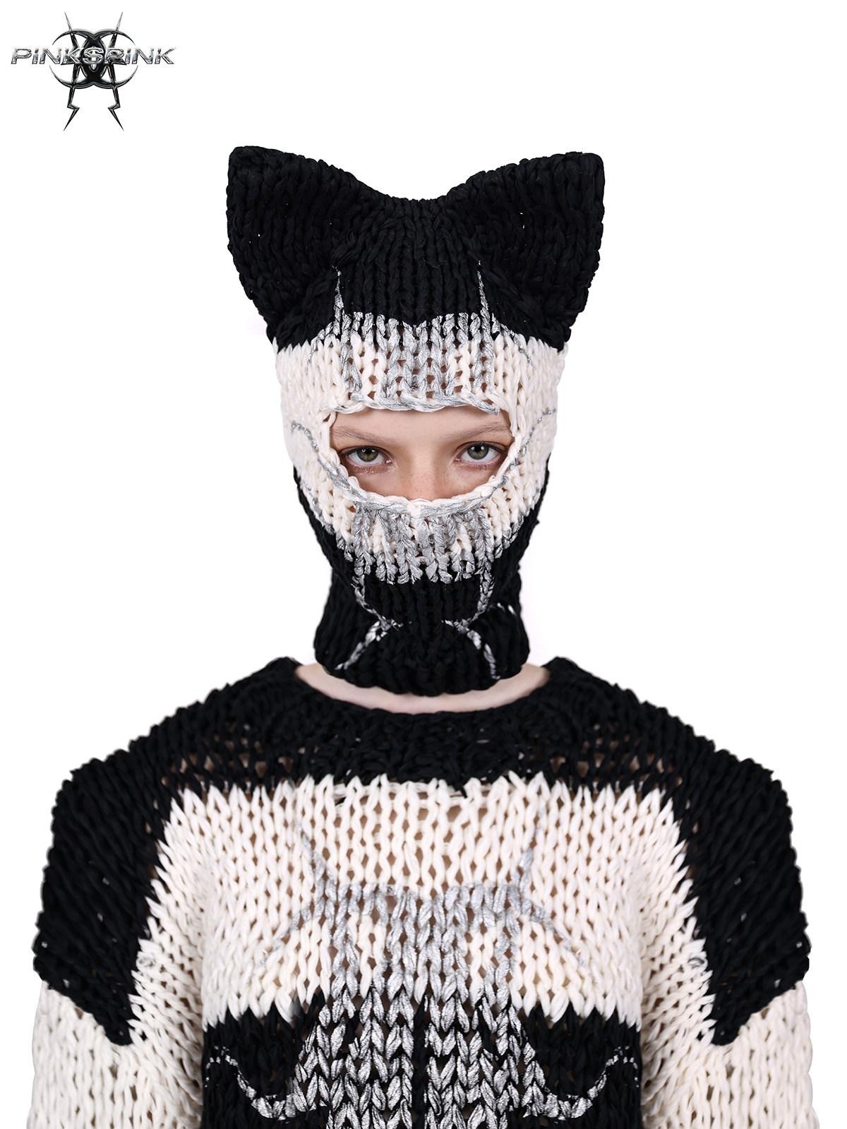 PINKSPINK Black And White Striped Cat Ear Handwoven Women's Cotton Beanies