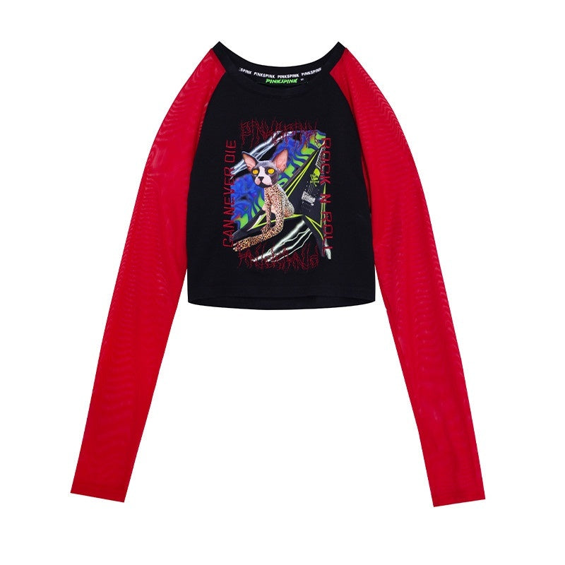 PINKSPINK_Black_Animal_Cartoon_Print_Patchwork_Mesh_Women's_Slim_Long_Sleeve_T-shirts_827969446390_MISSTT