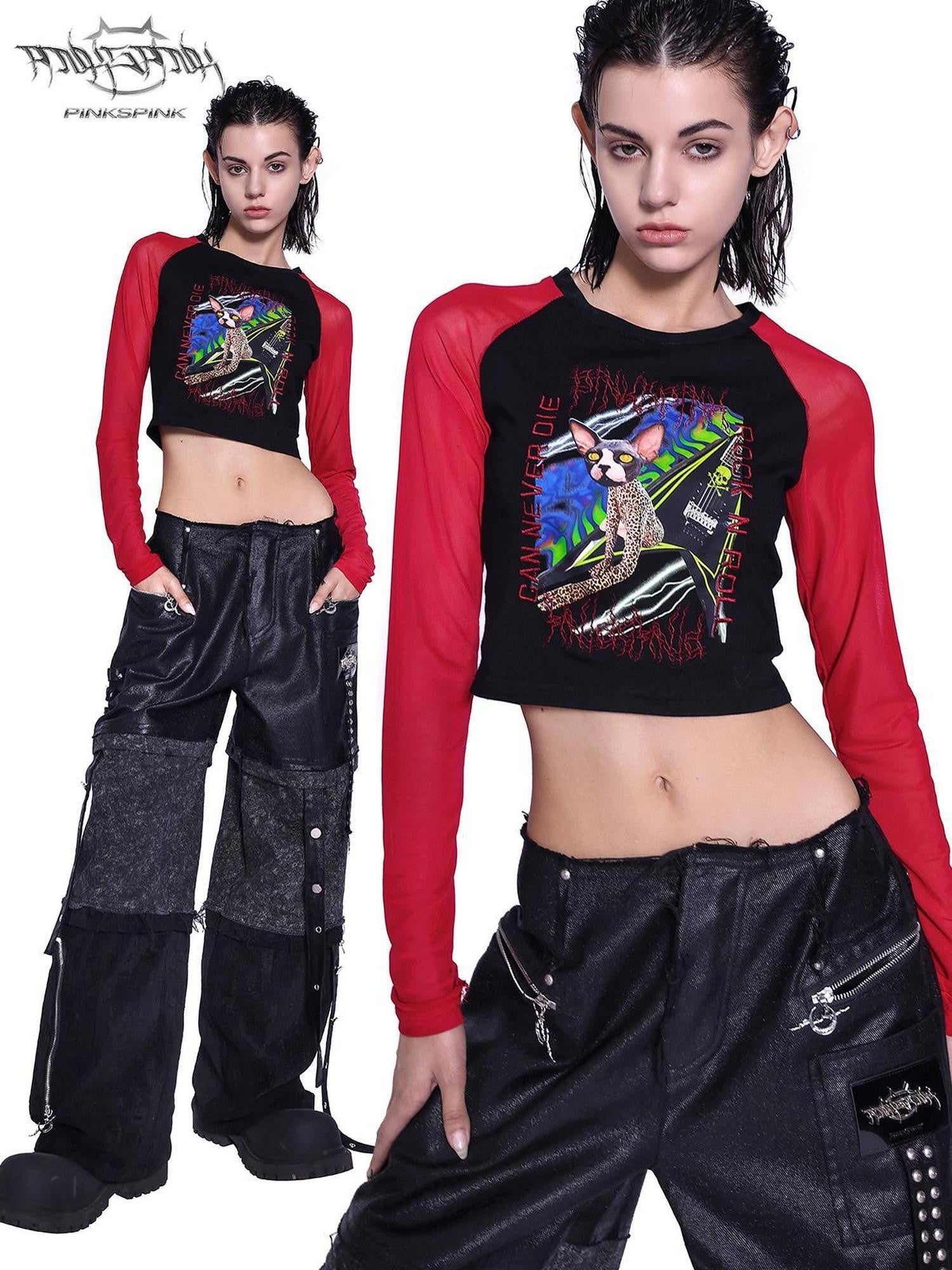 PINKSPINK Black Animal Cartoon Print Patchwork Mesh Women's Slim Long Sleeve T-shirts