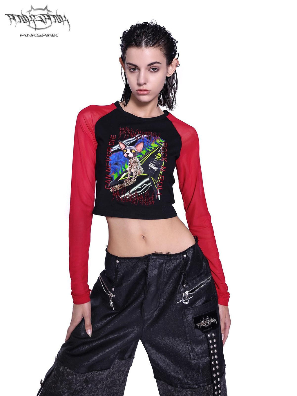 PINKSPINK Black Animal Cartoon Print Patchwork Mesh Women's Slim Long Sleeve T-shirts