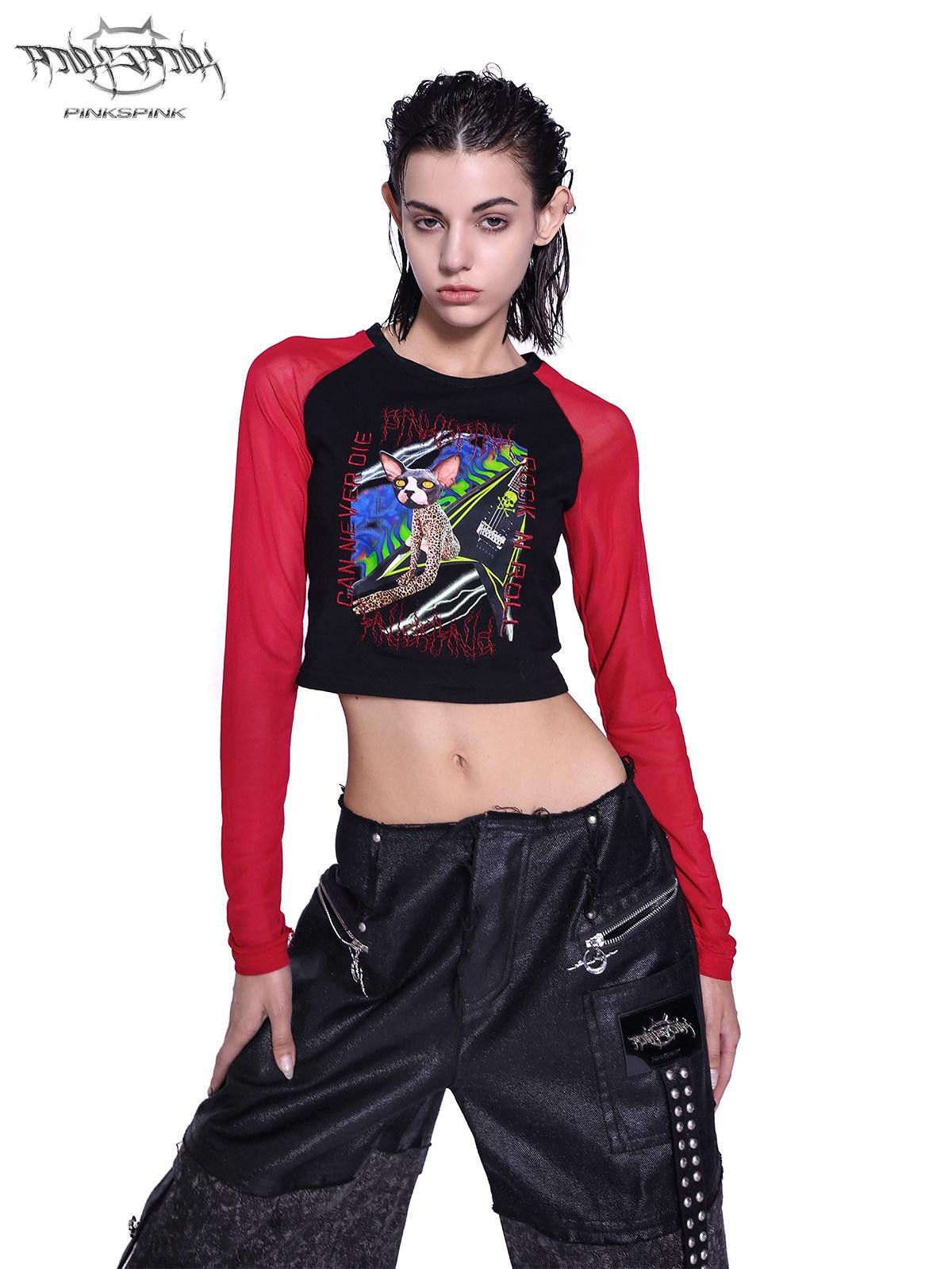 PINKSPINK Black Animal Cartoon Print Patchwork Mesh Women's Slim Long Sleeve T-shirts