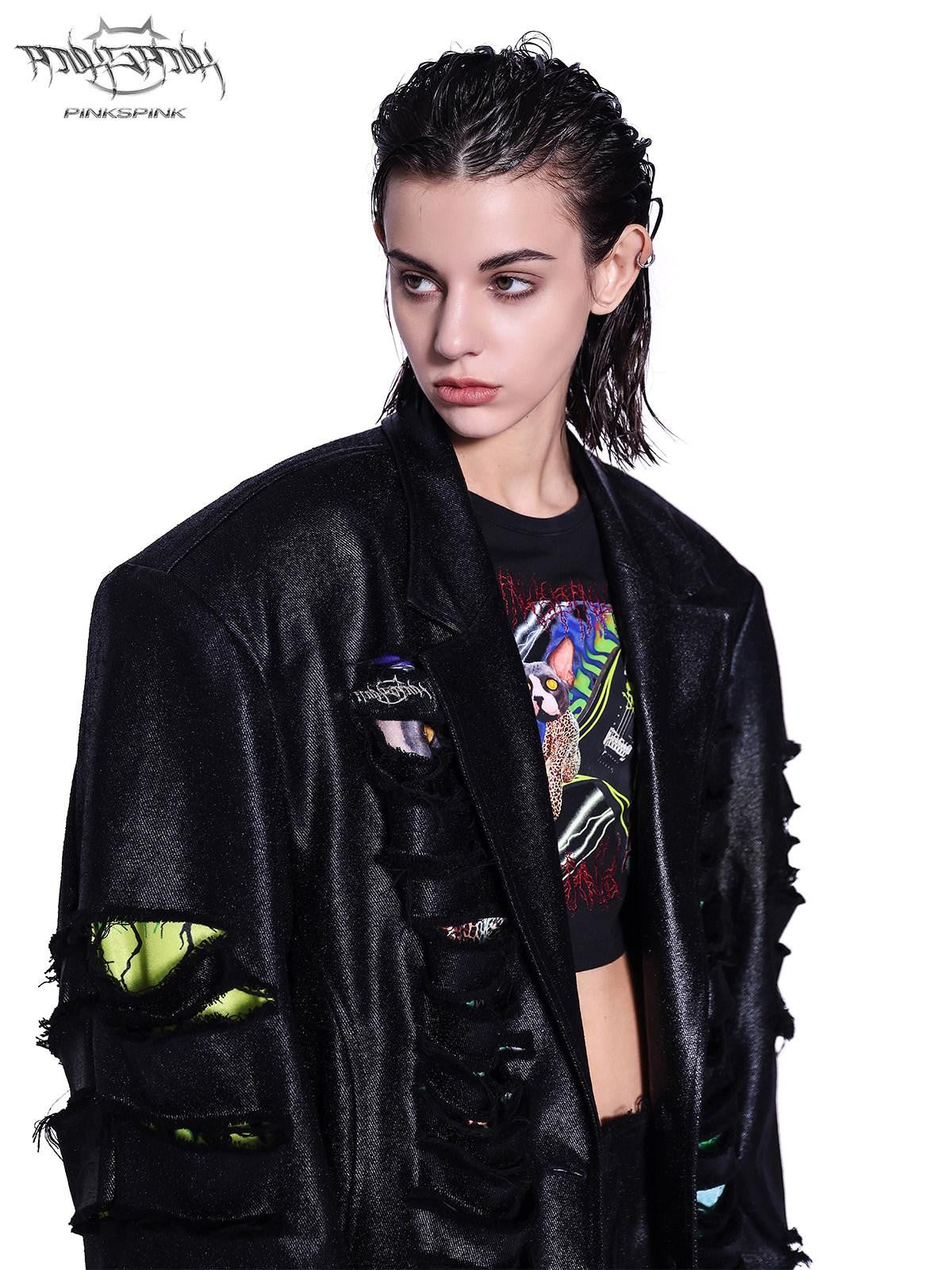 PINKSPINK Black Animal Cartoon Print Patchwork Mesh Women's Slim Long Sleeve T-shirts
