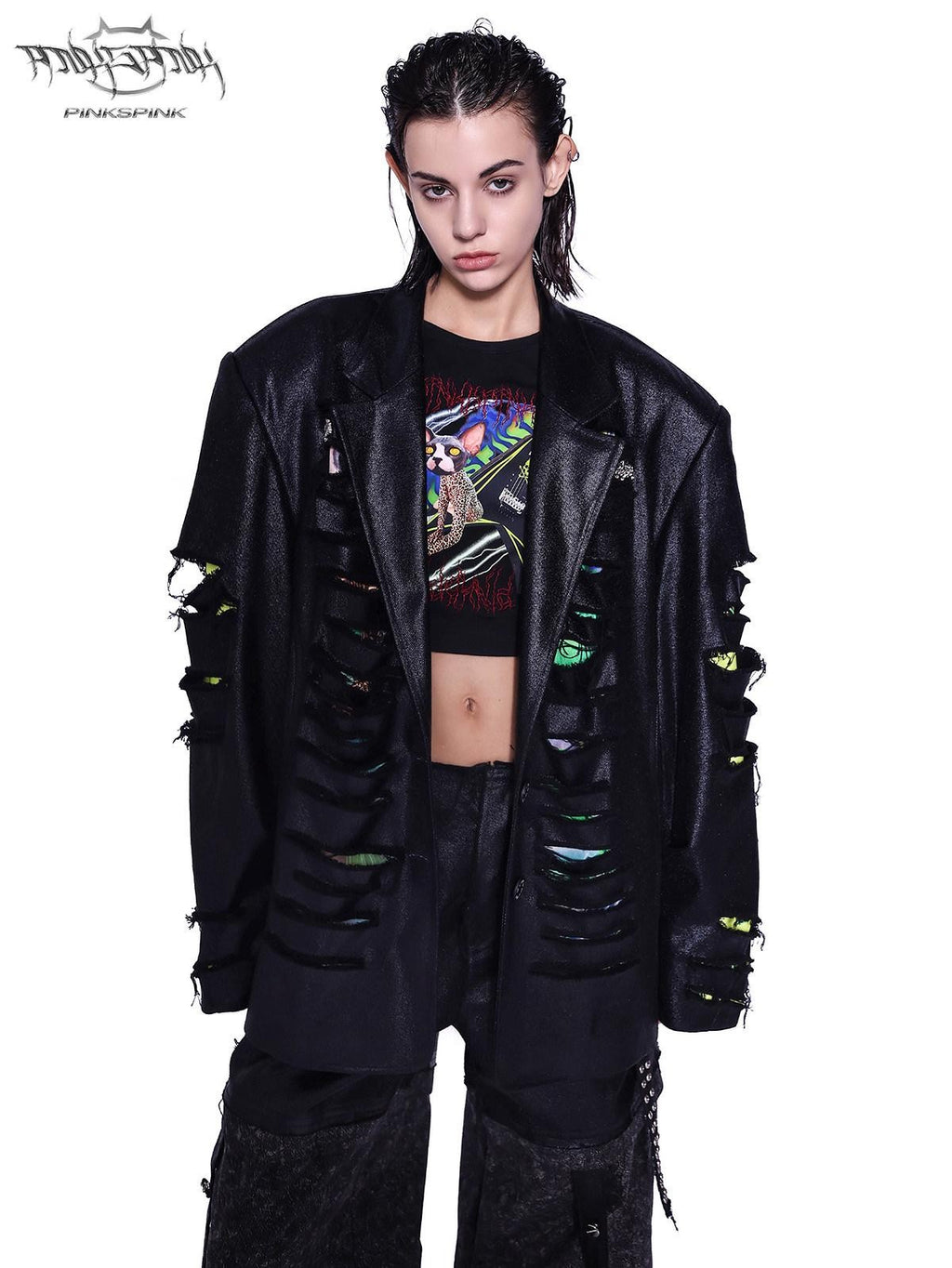 PINKSPINK Black Animal Cartoon Print Patchwork Mesh Women's Slim Long Sleeve T-shirts