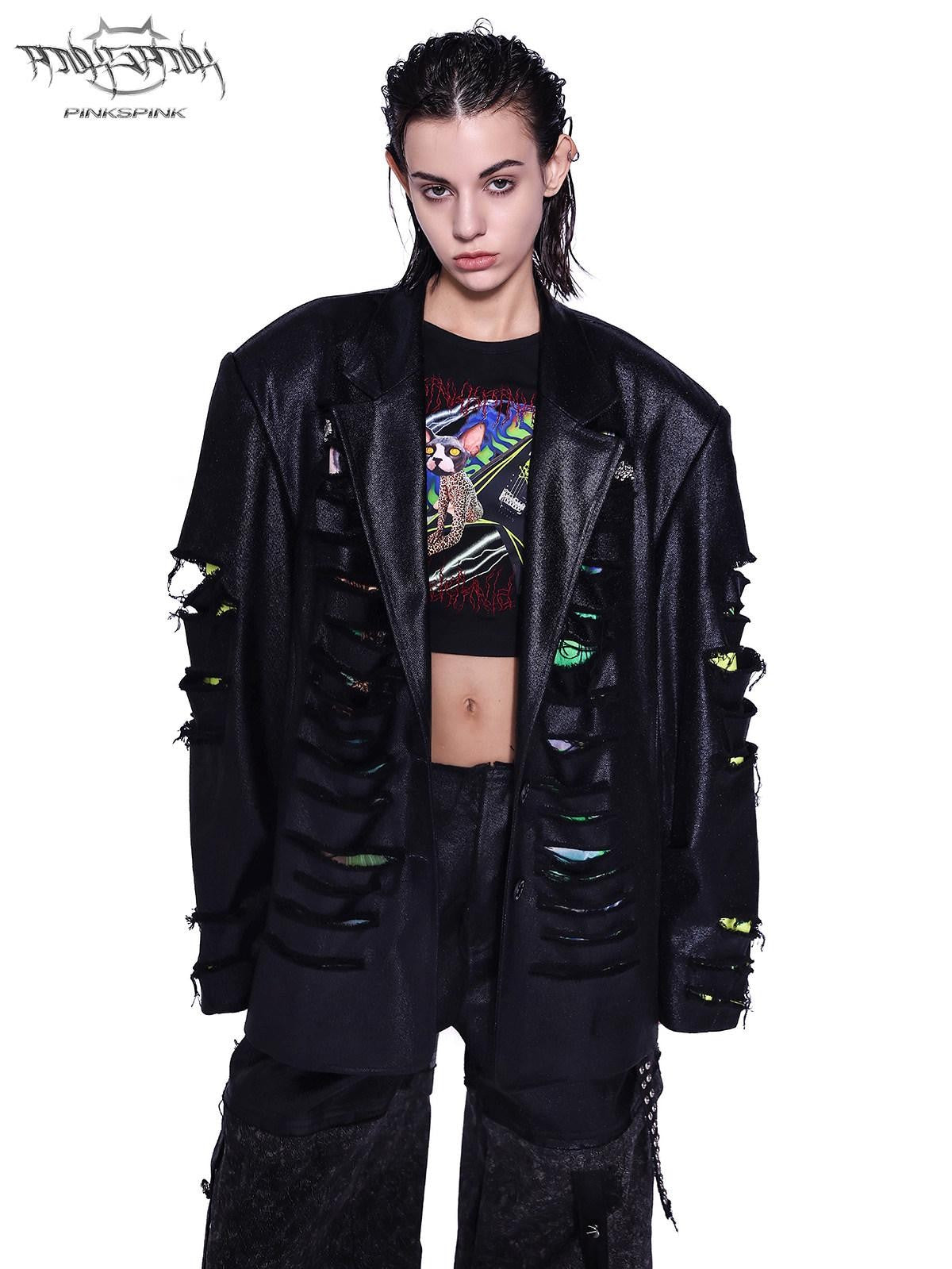 PINKSPINK Black Animal Cartoon Print Patchwork Mesh Women's Slim Long Sleeve T-shirts