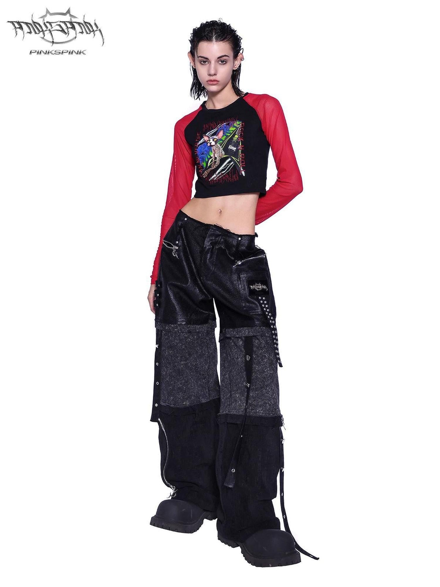 PINKSPINK Black Animal Cartoon Print Patchwork Mesh Women's Slim Long Sleeve T-shirts