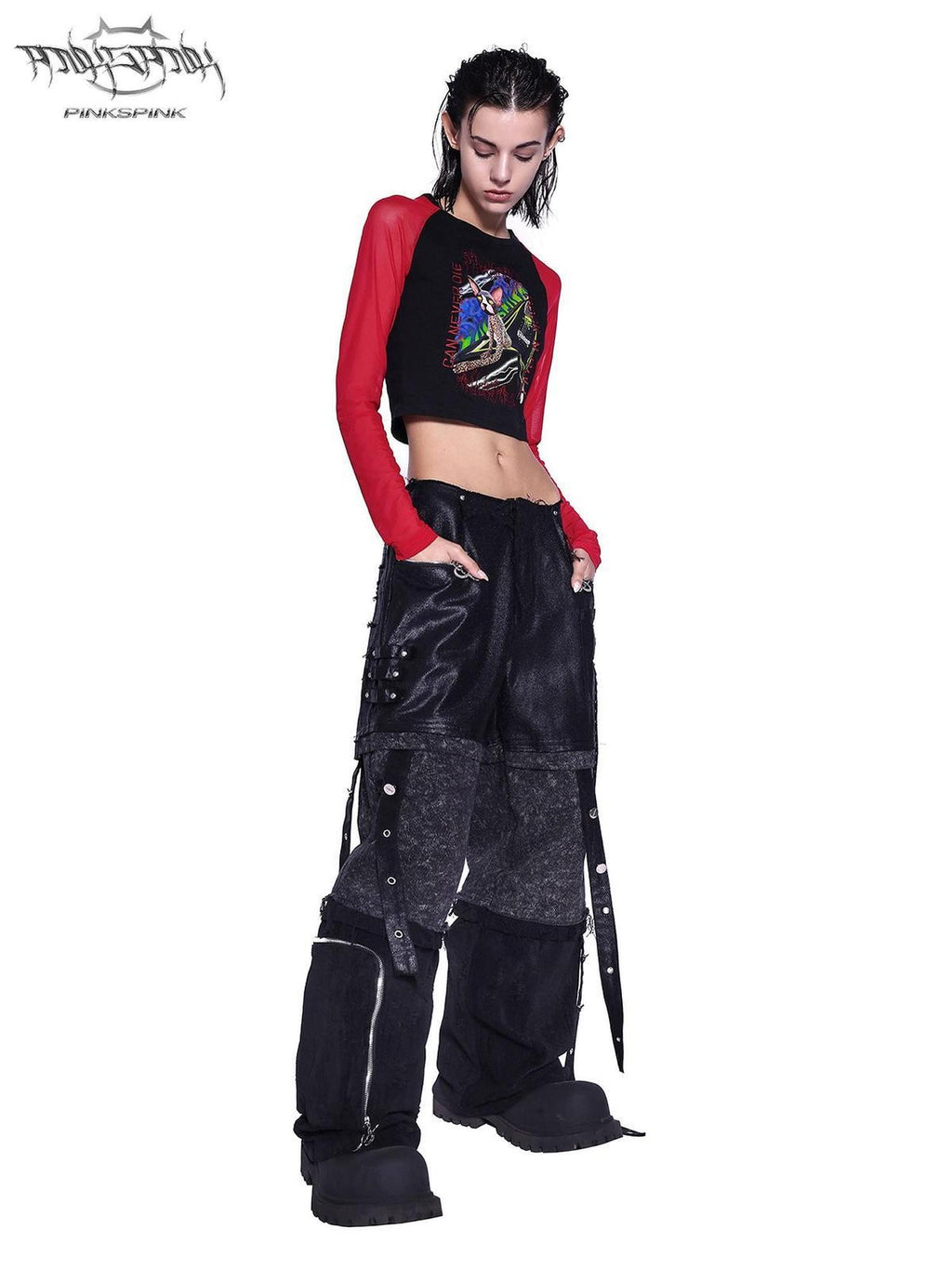 PINKSPINK Black Animal Cartoon Print Patchwork Mesh Women's Slim Long Sleeve T-shirts