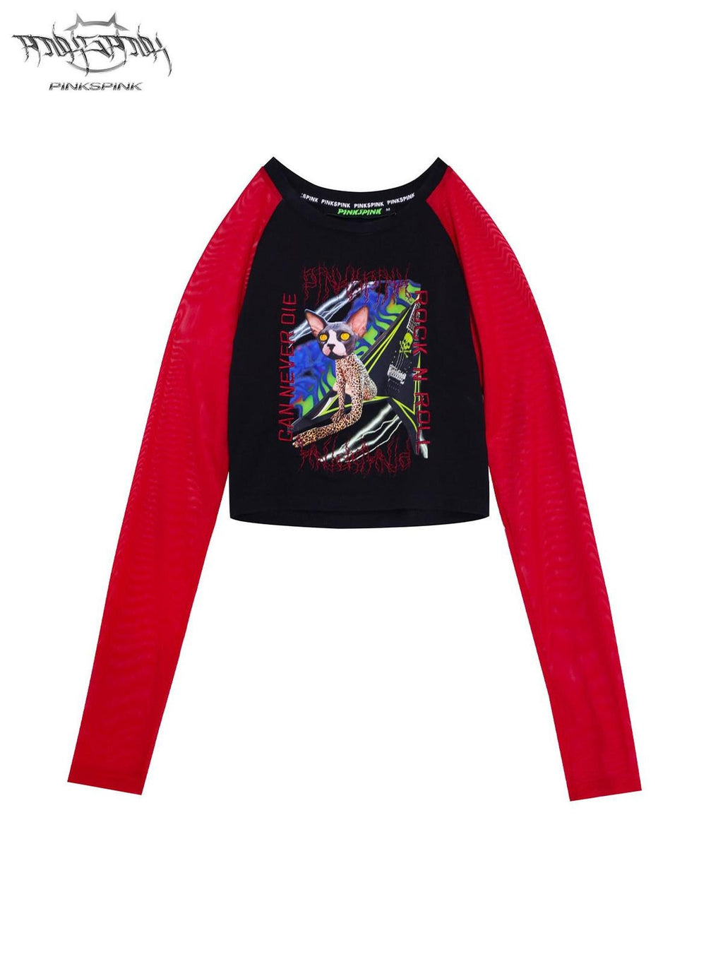 PINKSPINK Black Animal Cartoon Print Patchwork Mesh Women's Slim Long Sleeve T-shirts