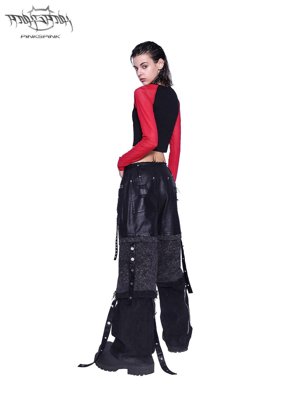PINKSPINK Black Animal Cartoon Print Patchwork Mesh Women's Slim Long Sleeve T-shirts