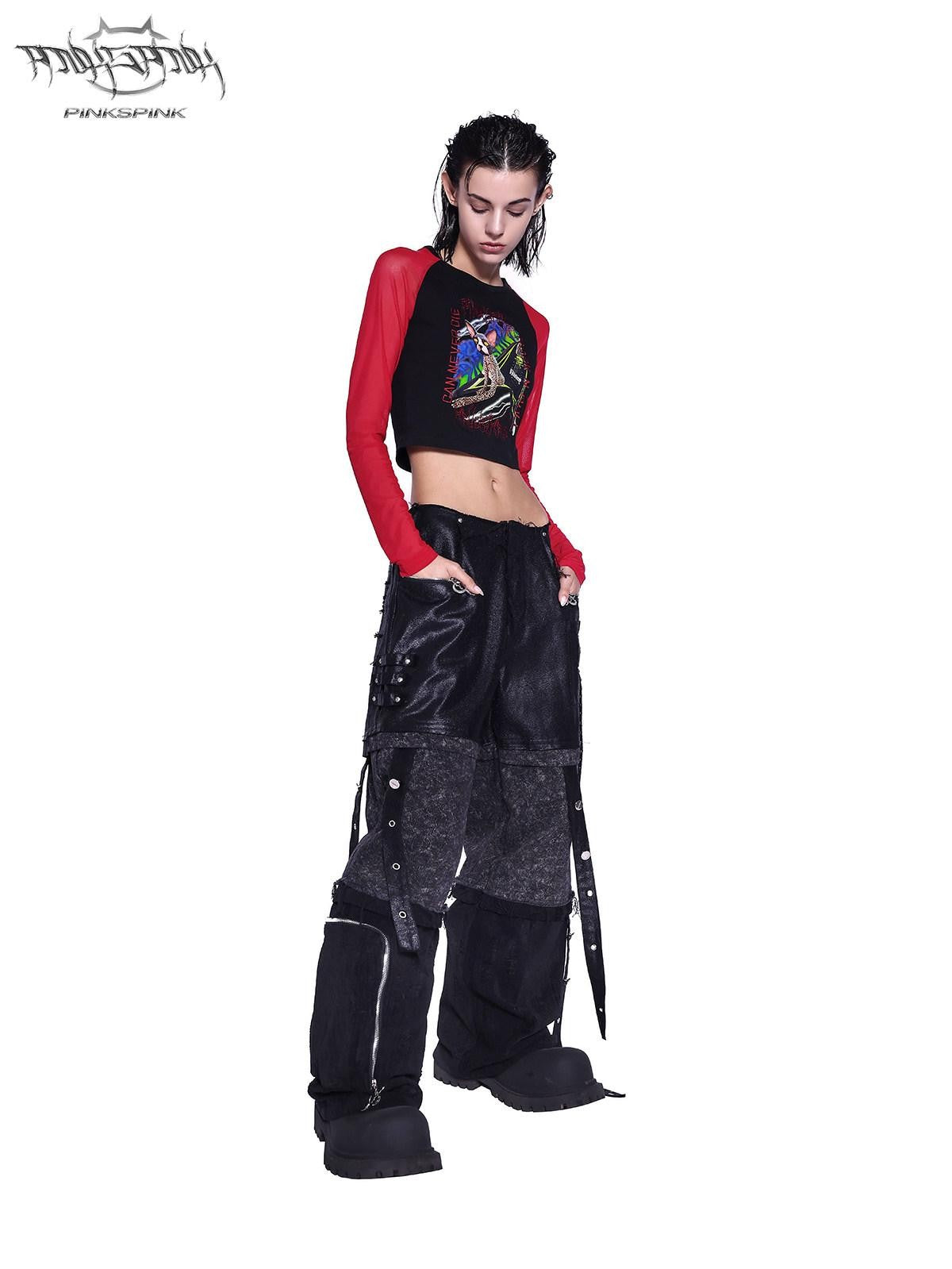 PINKSPINK Black Animal Cartoon Print Patchwork Mesh Women's Slim Long Sleeve T-shirts