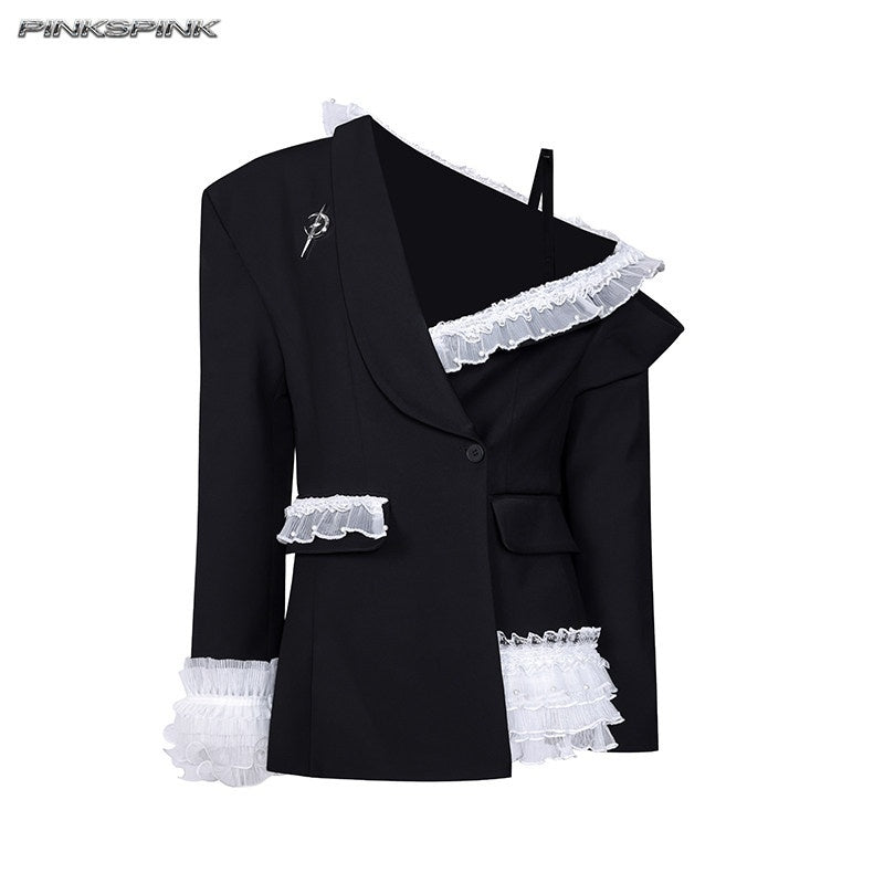 PINKSPINK_Black_Asymmetrical_Studded_Lace_Blazer_Collar_Women's_Polyester_Camisoles_927481790010_MISSTT