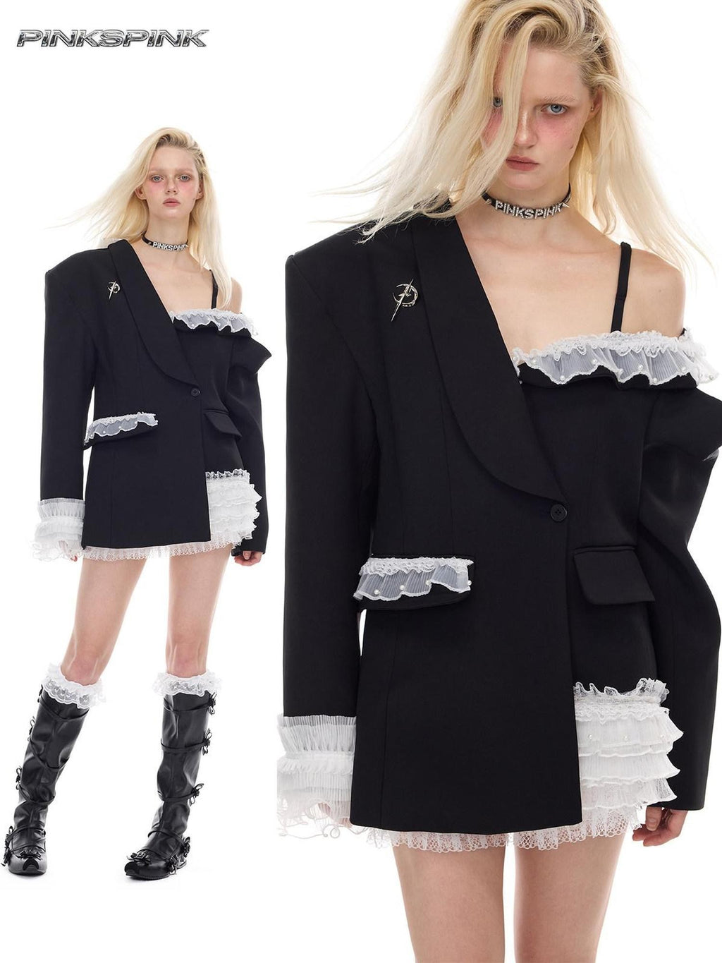 PINKSPINK Black Asymmetrical Studded Lace Blazer Collar Women's Polyester Camisoles
