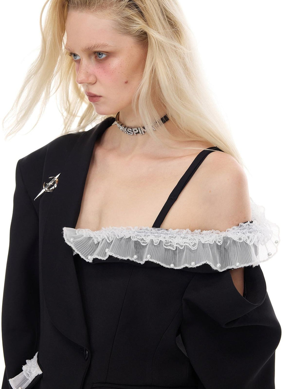 PINKSPINK Black Asymmetrical Studded Lace Blazer Collar Women's Polyester Camisoles