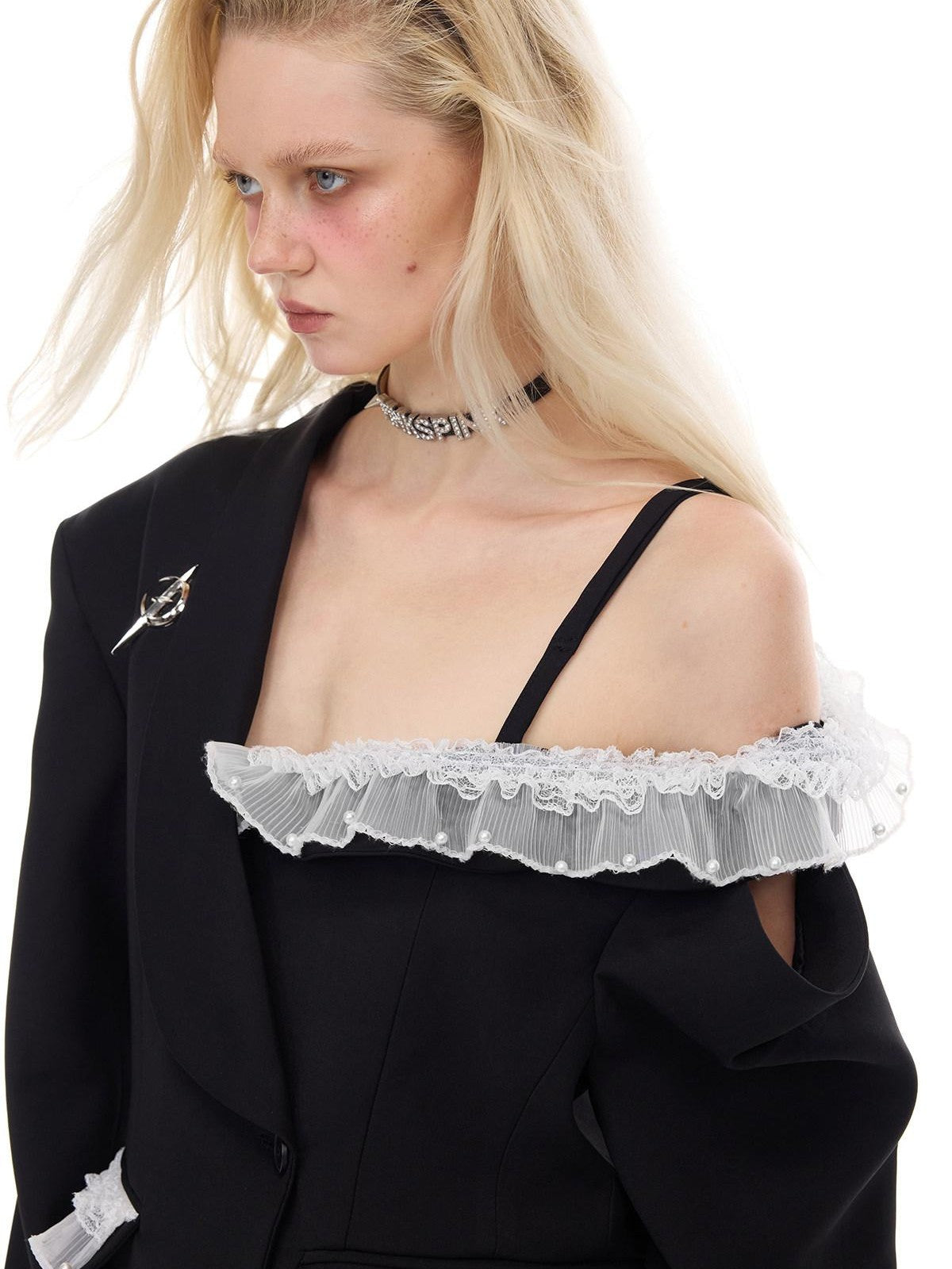 PINKSPINK Black Asymmetrical Studded Lace Blazer Collar Women's Polyester Camisoles