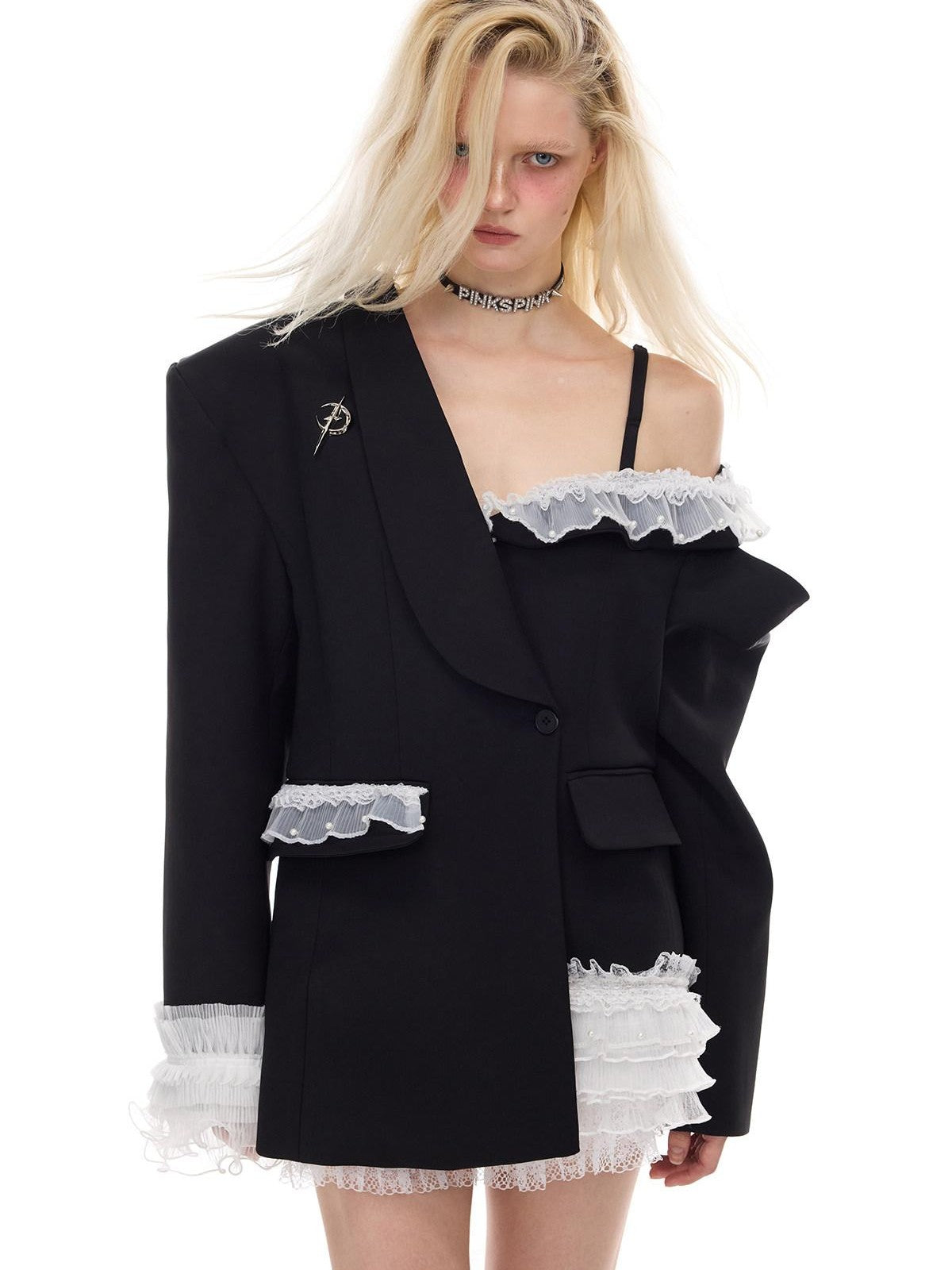 PINKSPINK Black Asymmetrical Studded Lace Blazer Collar Women's Polyester Camisoles