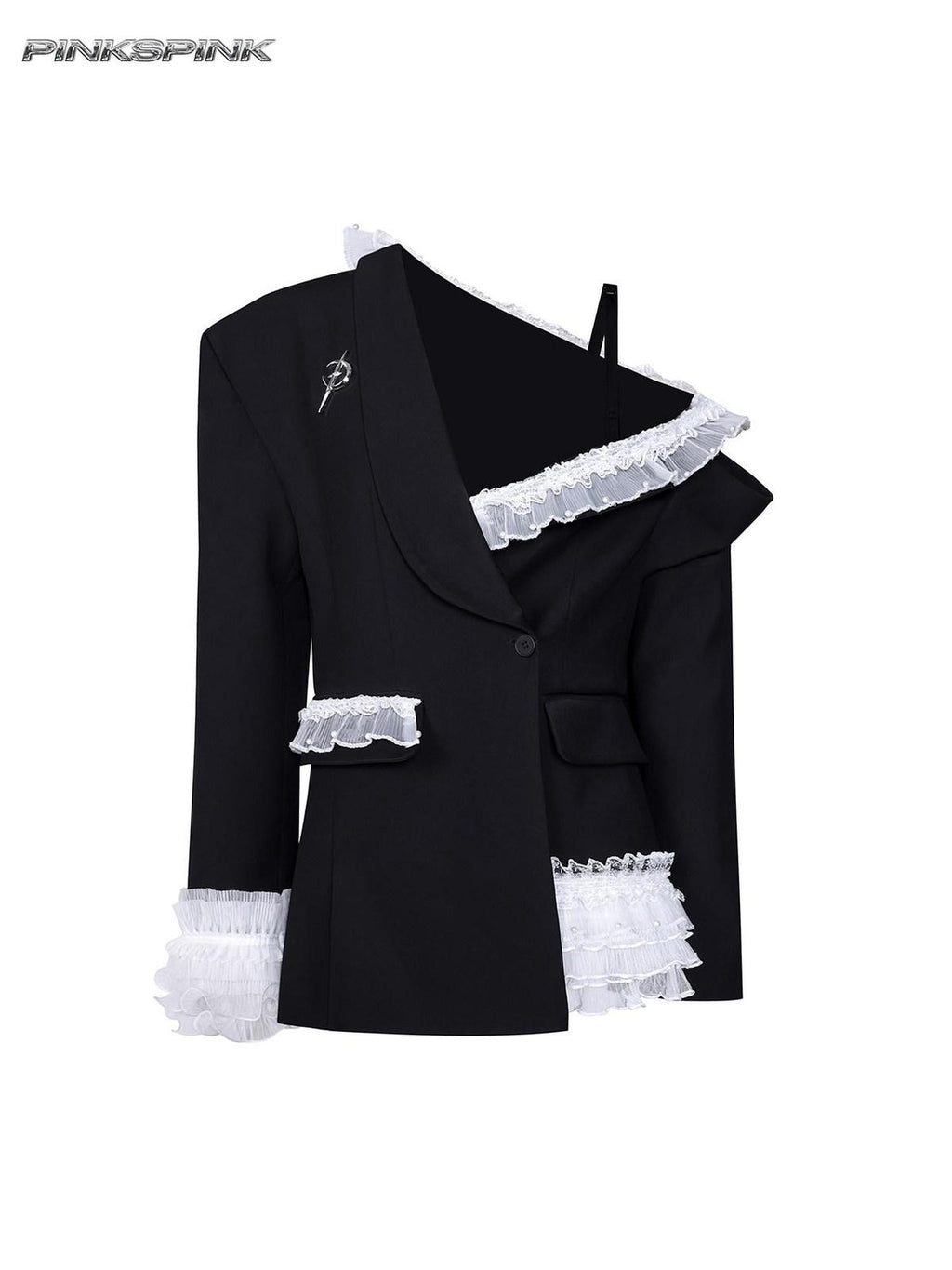 PINKSPINK Black Asymmetrical Studded Lace Blazer Collar Women's Polyester Camisoles