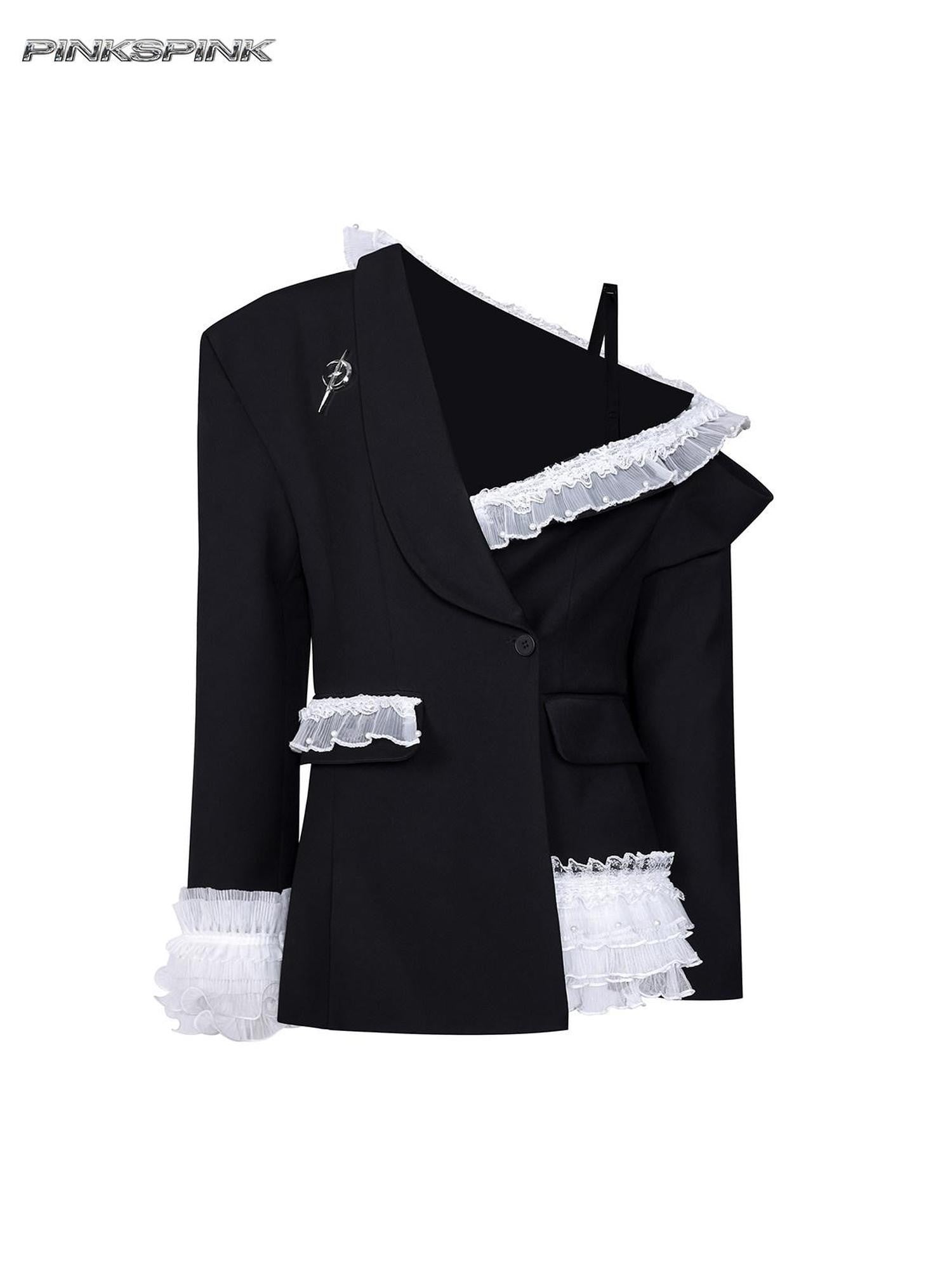 PINKSPINK Black Asymmetrical Studded Lace Blazer Collar Women's Polyester Camisoles