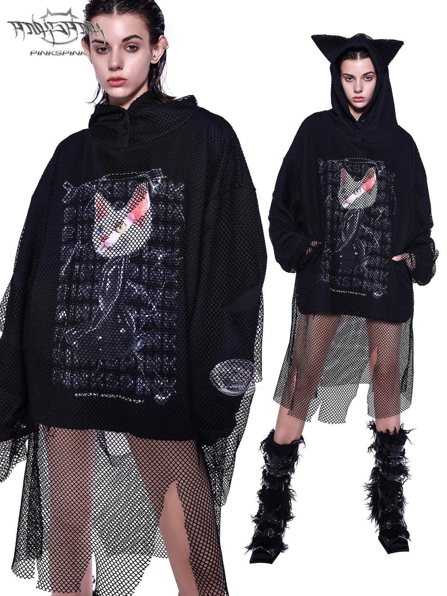 PINKSPINK Black Cat Ear Hooded Mesh Layered German Cat Print Patchwork Women's Sweatshirts