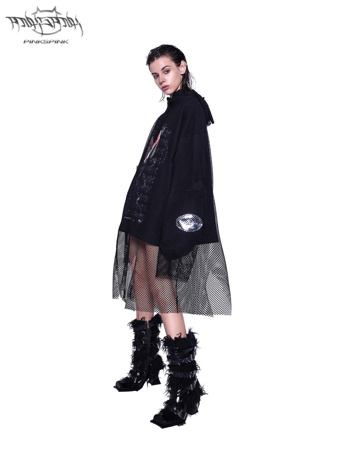 PINKSPINK Black Cat Ear Hooded Mesh Layered German Cat Print Patchwork Women's Sweatshirts