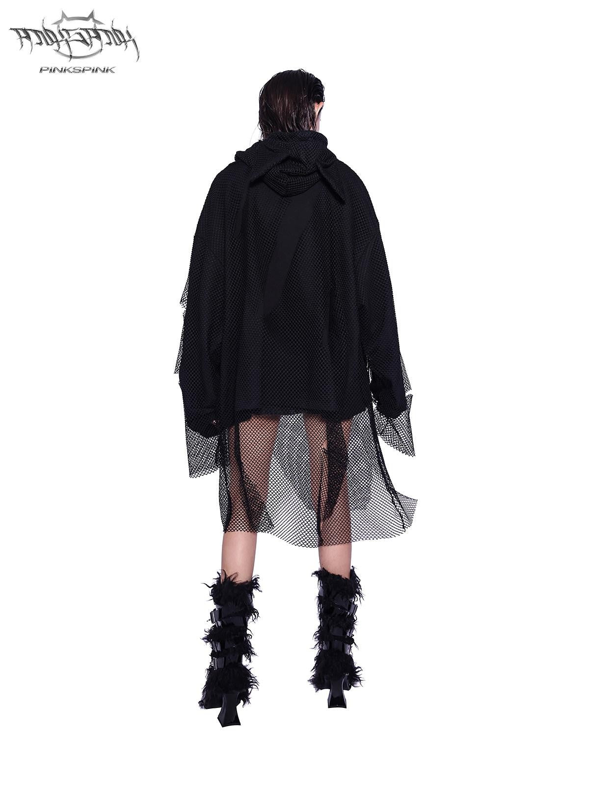PINKSPINK Black Cat Ear Hooded Mesh Layered German Cat Print Patchwork Women's Sweatshirts